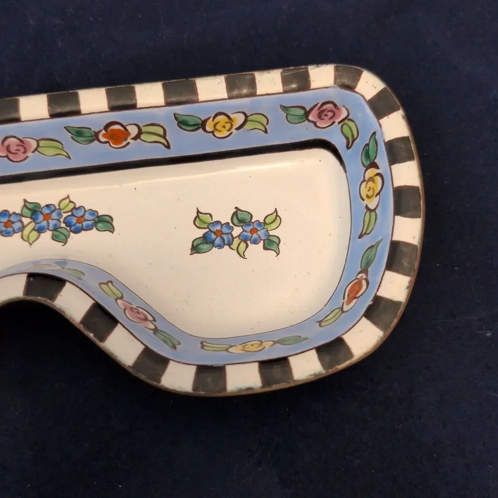 Kelvin Chen 2000 Enamel Copper Eyeglass Tray Dish Holder Checkered/ Blue Floral